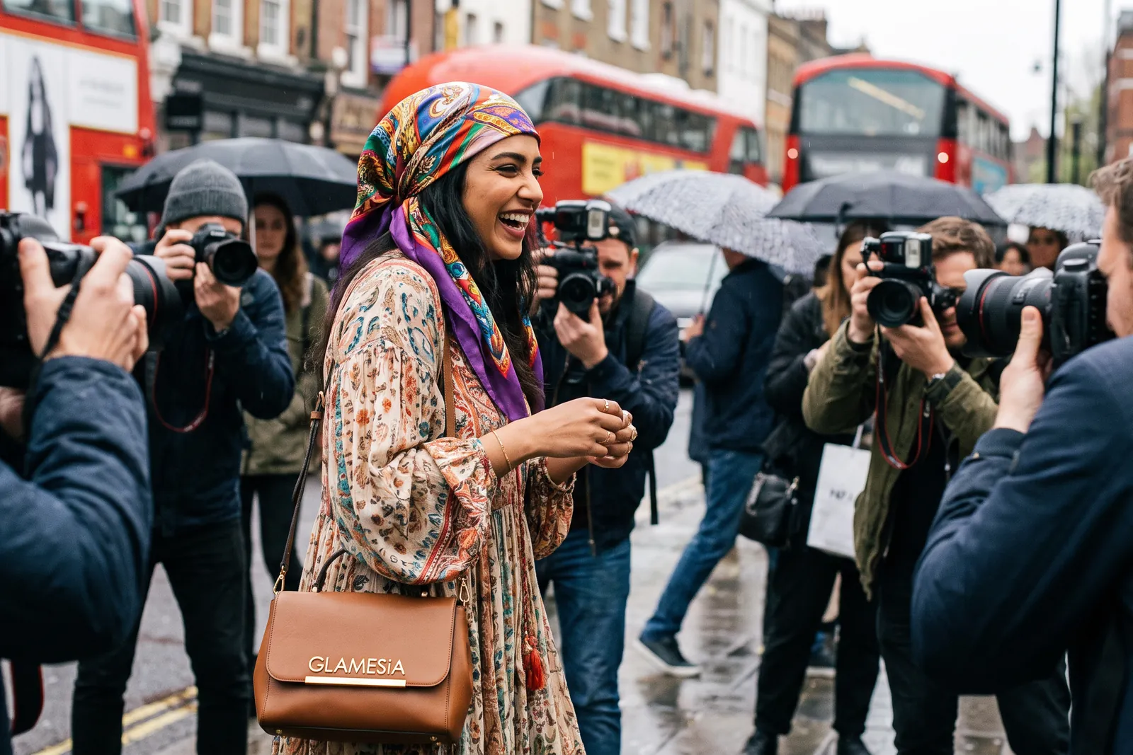 Street-Style-Szene vor einer Modenschau: Eine Frau in gemustertem Kleid und buntem Kopftuch lacht mit ihrer braunen Ledertasche in die Kameras der Fotografen.
