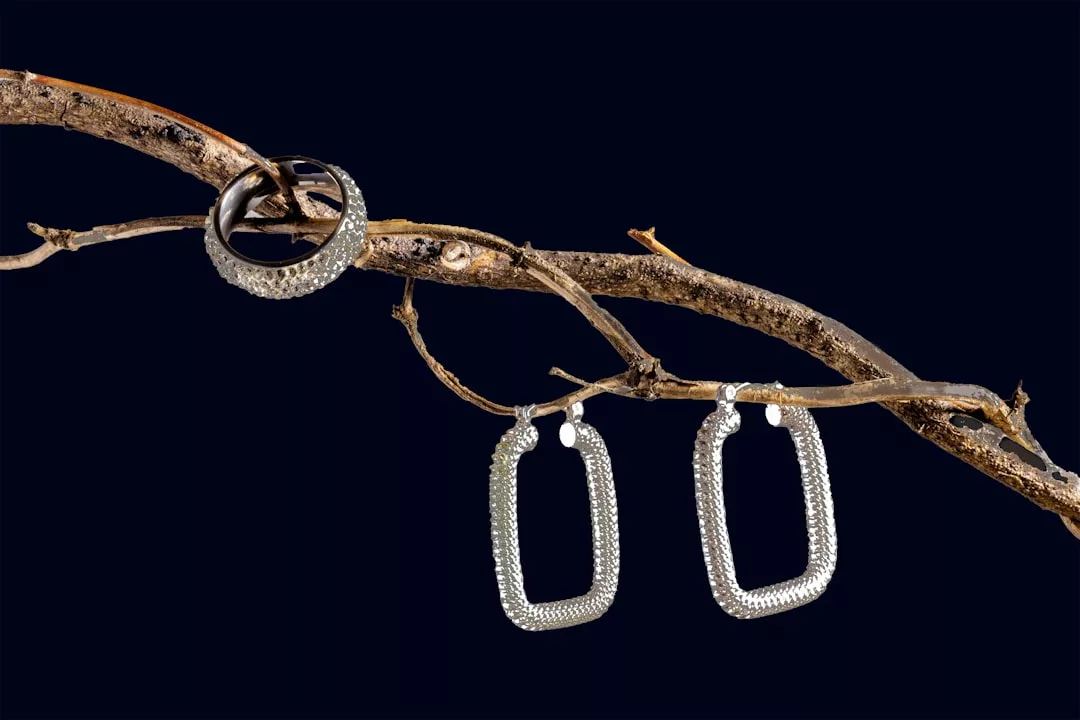 Ein Ring und ein Paar rechteckige Ohrringe von GLAMESiA, alle aus Silber und mit Textur, hängen an einem kahlen Ast vor einem dunklen Hintergrund.