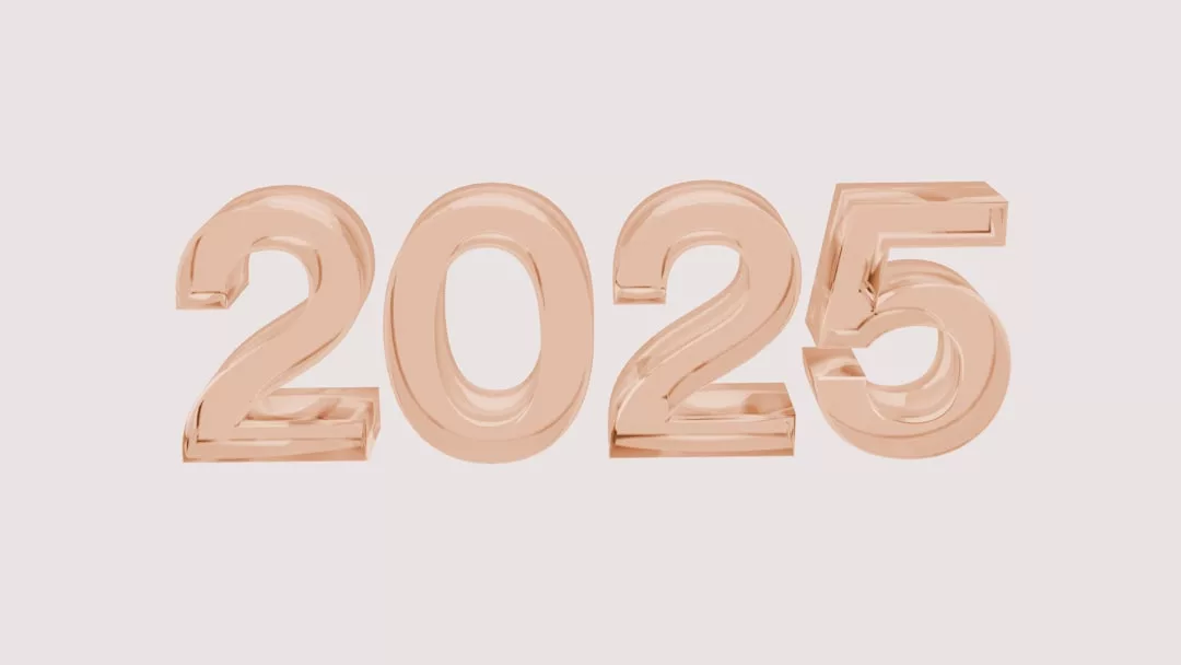 Die Zahl 2025" wird in großen, glänzenden, durchscheinenden, pfirsichfarbenen 3D-Ziffern auf hellem Hintergrund angezeigt, die die charakteristische Ästhetik von GLAMESiA widerspiegeln.