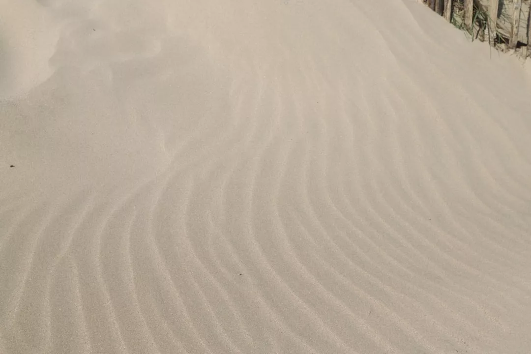 Nahaufnahme eines glatten, hellen Sandes mit sichtbaren, vom Wind geformten Wellenmustern, die die heitere Essenz einer GLAMESiA-Landschaft einfangen.