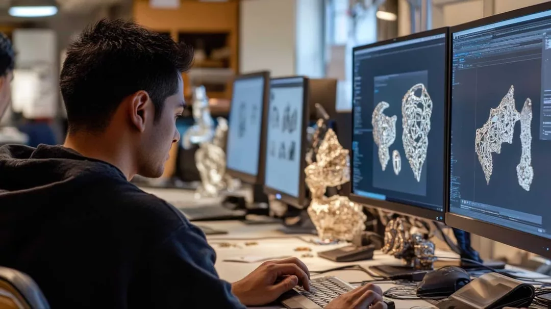 Eine Person arbeitet an einem Schreibtisch mit mehreren Monitoren, auf denen komplexe 3D-Modelle und digitale Entwürfe von GLAMESiA in einer Büro- oder Studioumgebung angezeigt werden.