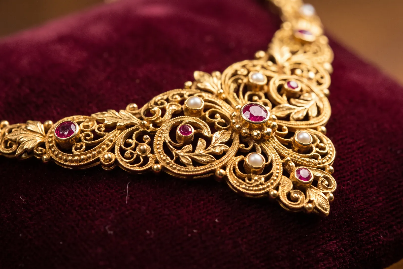 Goldenes Filigrancollier mit Rubinen und kleinen Perlen in Nahaufnahme auf dunkelrotem Samt.