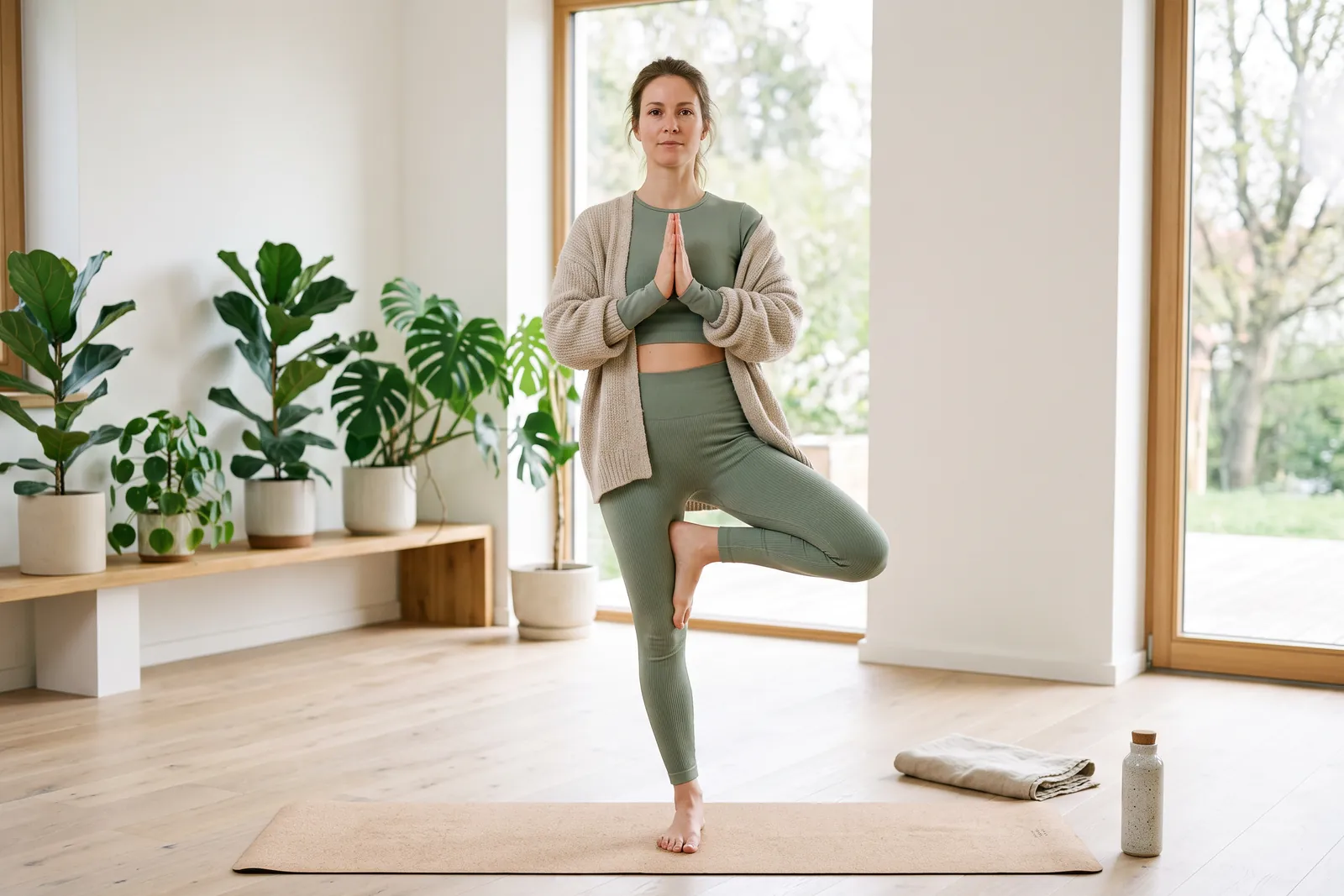 Frau in salbeigrünen Yogaleggings, passendem Oberteil und heller Strickjacke übt den Baum auf einer Korkmatte in einem hellen Yogastudio mit Pflanzen.